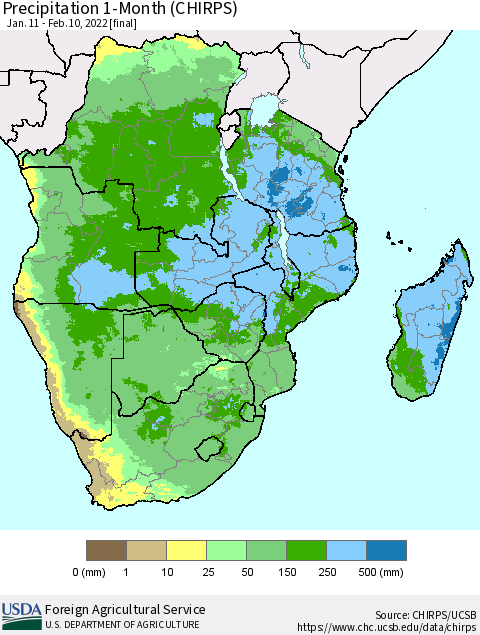 Southern Africa Precipitation 1-Month (CHIRPS) Thematic Map For 1/11/2022 - 2/10/2022