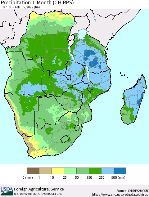 Southern Africa Precipitation 1-Month (CHIRPS) Thematic Map For 1/16/2022 - 2/15/2022