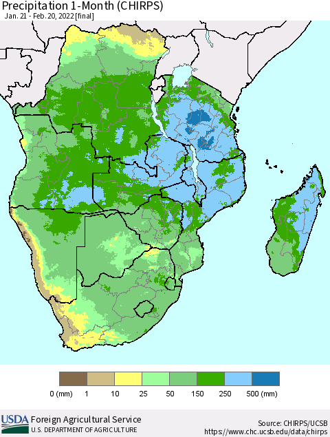 Southern Africa Precipitation 1-Month (CHIRPS) Thematic Map For 1/21/2022 - 2/20/2022