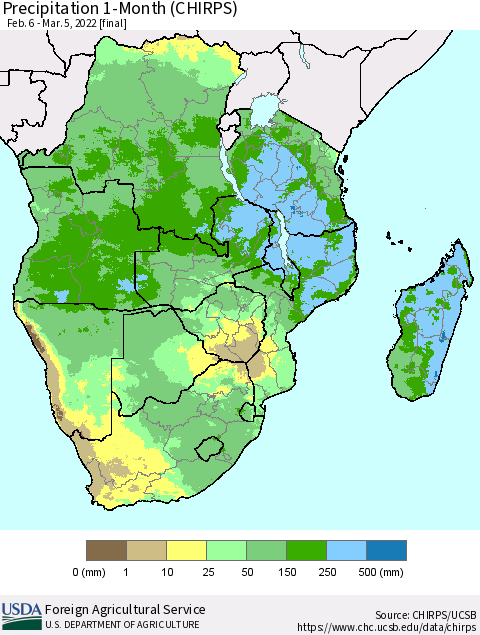 Southern Africa Precipitation 1-Month (CHIRPS) Thematic Map For 2/6/2022 - 3/5/2022