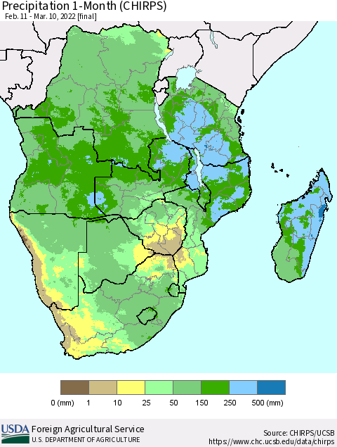 Southern Africa Precipitation 1-Month (CHIRPS) Thematic Map For 2/11/2022 - 3/10/2022