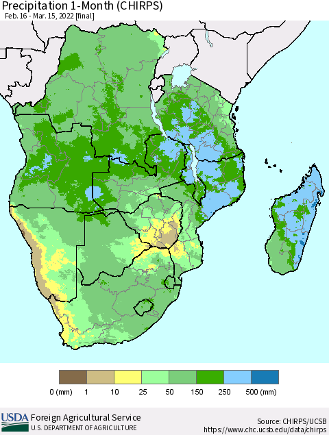 Southern Africa Precipitation 1-Month (CHIRPS) Thematic Map For 2/16/2022 - 3/15/2022