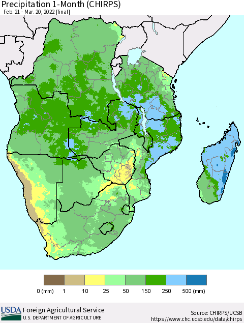 Southern Africa Precipitation 1-Month (CHIRPS) Thematic Map For 2/21/2022 - 3/20/2022