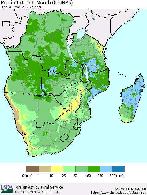 Southern Africa Precipitation 1-Month (CHIRPS) Thematic Map For 2/26/2022 - 3/25/2022