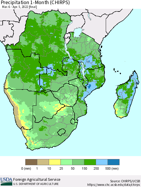 Southern Africa Precipitation 1-Month (CHIRPS) Thematic Map For 3/6/2022 - 4/5/2022