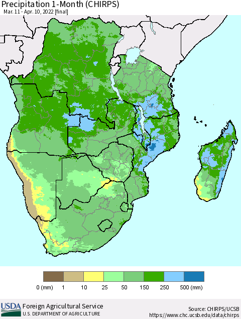 Southern Africa Precipitation 1-Month (CHIRPS) Thematic Map For 3/11/2022 - 4/10/2022