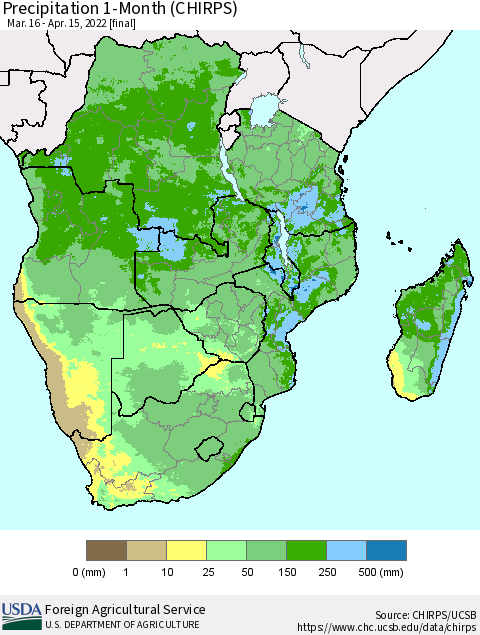 Southern Africa Precipitation 1-Month (CHIRPS) Thematic Map For 3/16/2022 - 4/15/2022