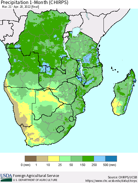 Southern Africa Precipitation 1-Month (CHIRPS) Thematic Map For 3/21/2022 - 4/20/2022