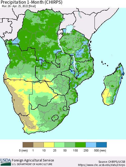 Southern Africa Precipitation 1-Month (CHIRPS) Thematic Map For 3/26/2022 - 4/25/2022