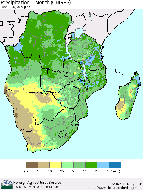 Southern Africa Precipitation 1-Month (CHIRPS) Thematic Map For 4/1/2022 - 4/30/2022