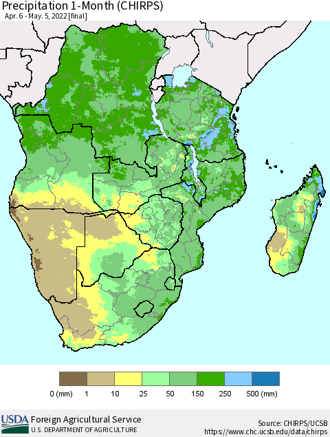 Southern Africa Precipitation 1-Month (CHIRPS) Thematic Map For 4/6/2022 - 5/5/2022