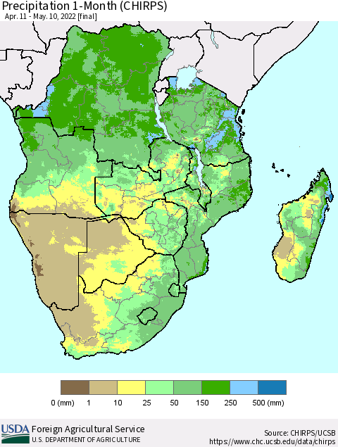 Southern Africa Precipitation 1-Month (CHIRPS) Thematic Map For 4/11/2022 - 5/10/2022