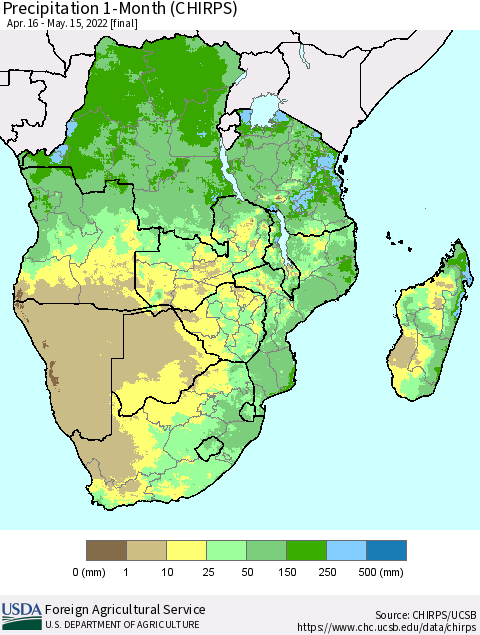 Southern Africa Precipitation 1-Month (CHIRPS) Thematic Map For 4/16/2022 - 5/15/2022