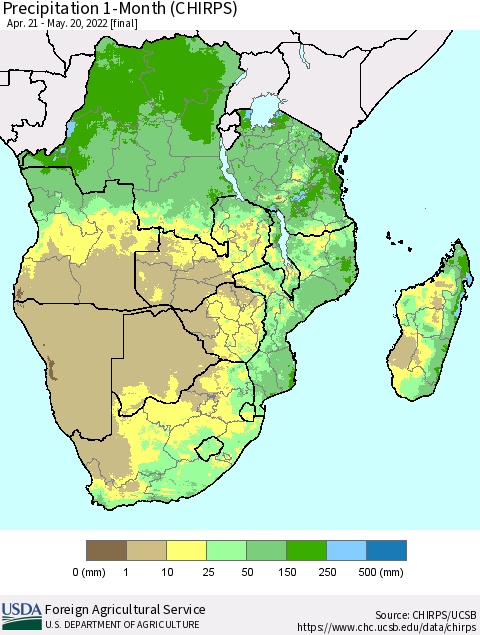 Southern Africa Precipitation 1-Month (CHIRPS) Thematic Map For 4/21/2022 - 5/20/2022