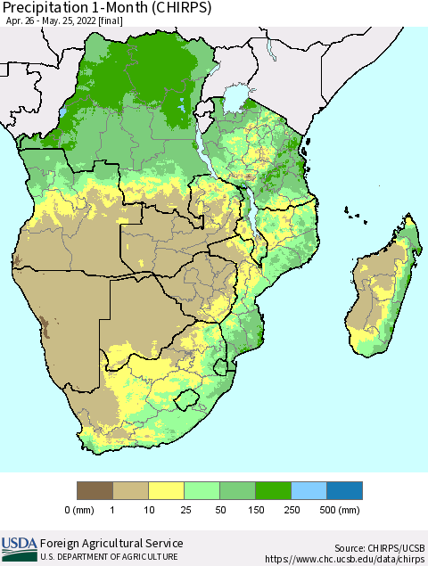Southern Africa Precipitation 1-Month (CHIRPS) Thematic Map For 4/26/2022 - 5/25/2022