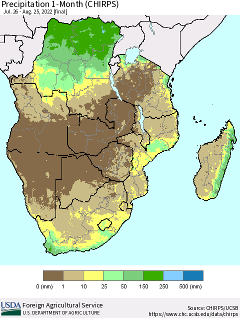 Southern Africa Precipitation 1-Month (CHIRPS) Thematic Map For 7/26/2022 - 8/25/2022