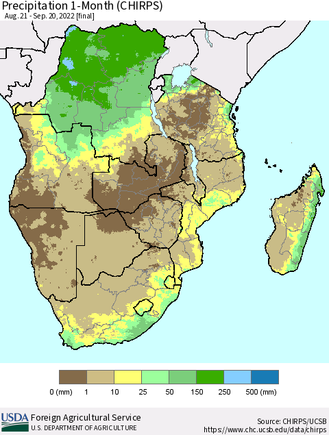 Southern Africa Precipitation 1-Month (CHIRPS) Thematic Map For 8/21/2022 - 9/20/2022