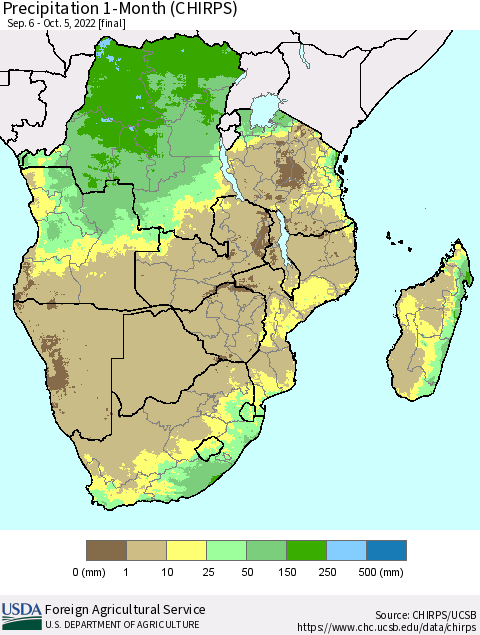Southern Africa Precipitation 1-Month (CHIRPS) Thematic Map For 9/6/2022 - 10/5/2022