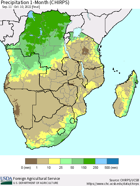 Southern Africa Precipitation 1-Month (CHIRPS) Thematic Map For 9/11/2022 - 10/10/2022