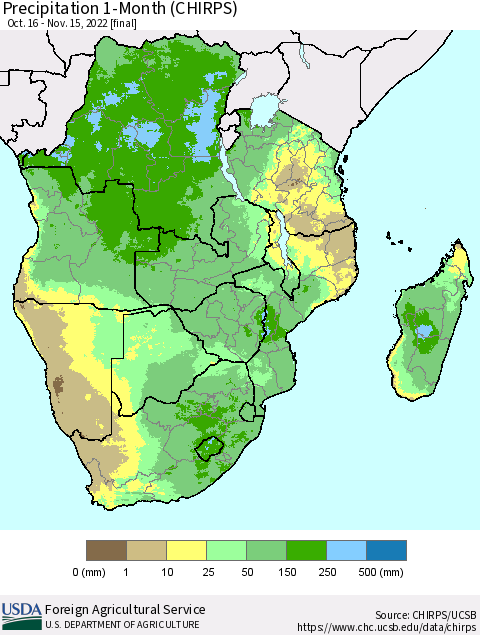Southern Africa Precipitation 1-Month (CHIRPS) Thematic Map For 10/16/2022 - 11/15/2022