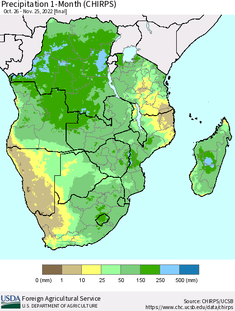 Southern Africa Precipitation 1-Month (CHIRPS) Thematic Map For 10/26/2022 - 11/25/2022