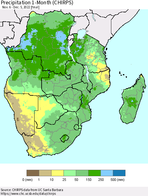 Southern Africa Precipitation 1-Month (CHIRPS) Thematic Map For 11/6/2022 - 12/5/2022