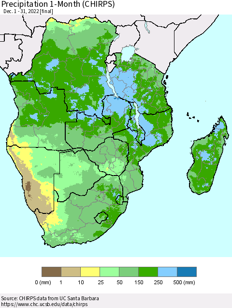 Southern Africa Precipitation 1-Month (CHIRPS) Thematic Map For 12/1/2022 - 12/31/2022