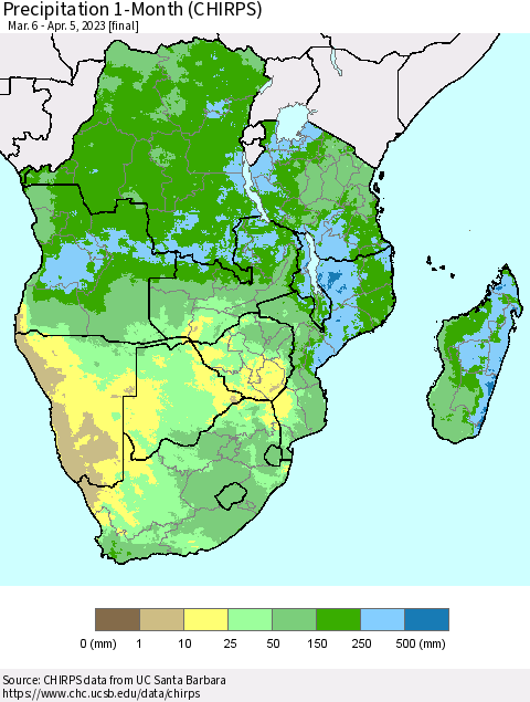 Southern Africa Precipitation 1-Month (CHIRPS) Thematic Map For 3/6/2023 - 4/5/2023