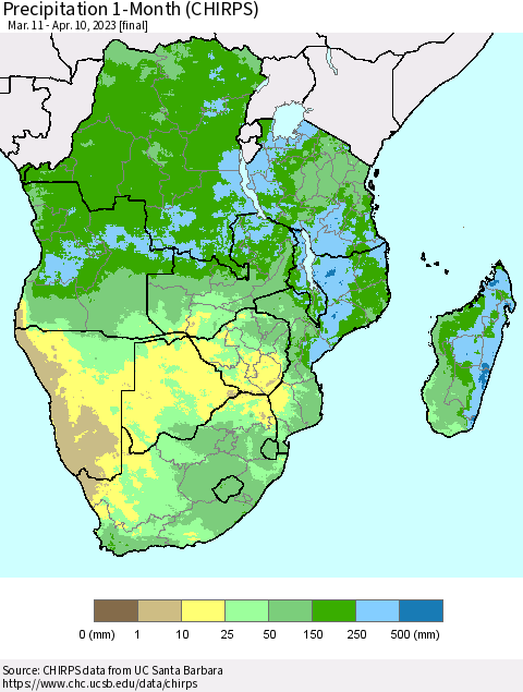 Southern Africa Precipitation 1-Month (CHIRPS) Thematic Map For 3/11/2023 - 4/10/2023