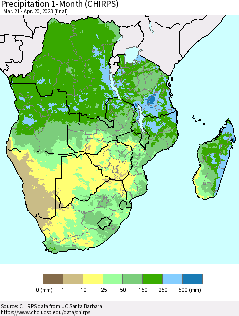 Southern Africa Precipitation 1-Month (CHIRPS) Thematic Map For 3/21/2023 - 4/20/2023