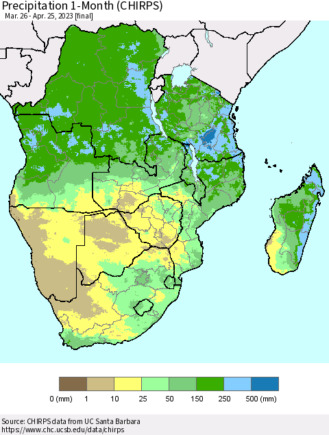 Southern Africa Precipitation 1-Month (CHIRPS) Thematic Map For 3/26/2023 - 4/25/2023