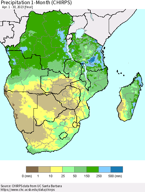 Southern Africa Precipitation 1-Month (CHIRPS) Thematic Map For 4/1/2023 - 4/30/2023