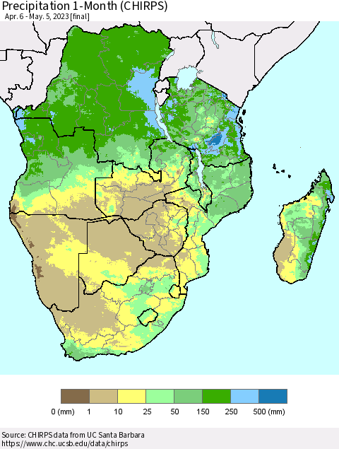 Southern Africa Precipitation 1-Month (CHIRPS) Thematic Map For 4/6/2023 - 5/5/2023