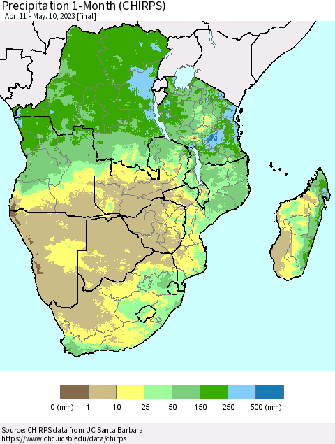Southern Africa Precipitation 1-Month (CHIRPS) Thematic Map For 4/11/2023 - 5/10/2023