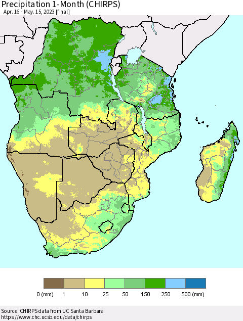 Southern Africa Precipitation 1-Month (CHIRPS) Thematic Map For 4/16/2023 - 5/15/2023