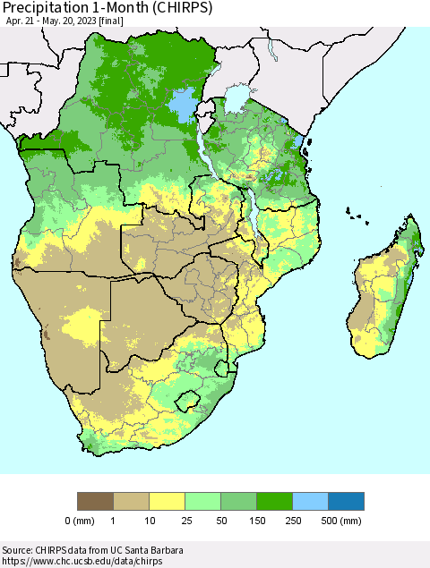 Southern Africa Precipitation 1-Month (CHIRPS) Thematic Map For 4/21/2023 - 5/20/2023