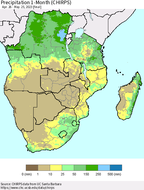 Southern Africa Precipitation 1-Month (CHIRPS) Thematic Map For 4/26/2023 - 5/25/2023