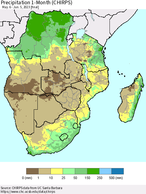 Southern Africa Precipitation 1-Month (CHIRPS) Thematic Map For 5/6/2023 - 6/5/2023