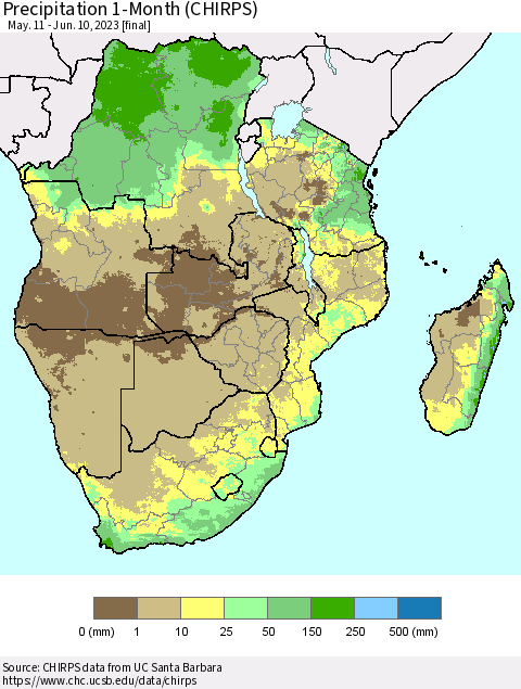Southern Africa Precipitation 1-Month (CHIRPS) Thematic Map For 5/11/2023 - 6/10/2023