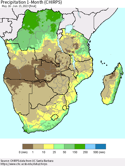 Southern Africa Precipitation 1-Month (CHIRPS) Thematic Map For 5/16/2023 - 6/15/2023
