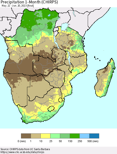 Southern Africa Precipitation 1-Month (CHIRPS) Thematic Map For 5/21/2023 - 6/20/2023