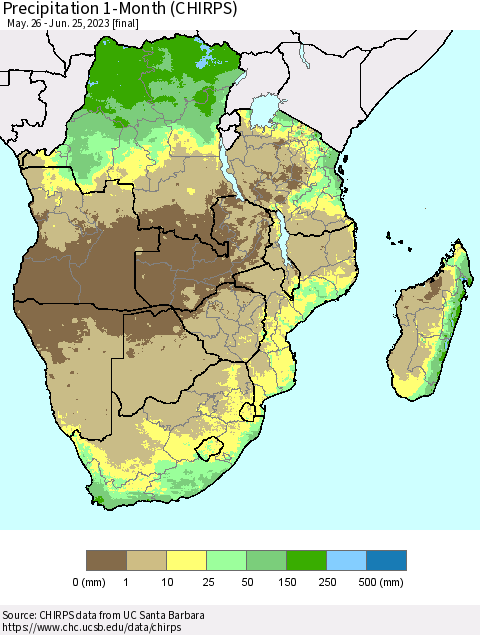 Southern Africa Precipitation 1-Month (CHIRPS) Thematic Map For 5/26/2023 - 6/25/2023