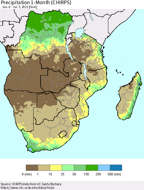 Southern Africa Precipitation 1-Month (CHIRPS) Thematic Map For 6/6/2023 - 7/5/2023