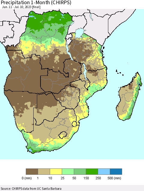 Southern Africa Precipitation 1-Month (CHIRPS) Thematic Map For 6/11/2023 - 7/10/2023