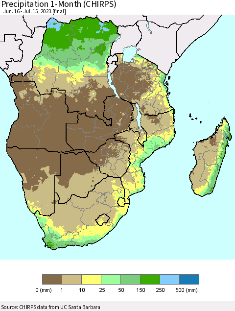 Southern Africa Precipitation 1-Month (CHIRPS) Thematic Map For 6/16/2023 - 7/15/2023