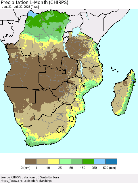 Southern Africa Precipitation 1-Month (CHIRPS) Thematic Map For 6/21/2023 - 7/20/2023