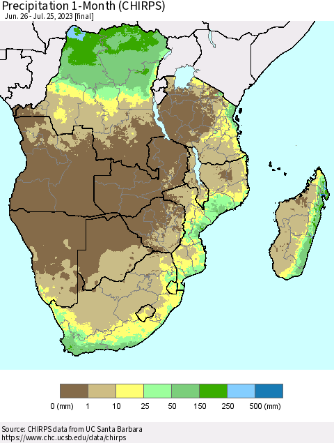 Southern Africa Precipitation 1-Month (CHIRPS) Thematic Map For 6/26/2023 - 7/25/2023