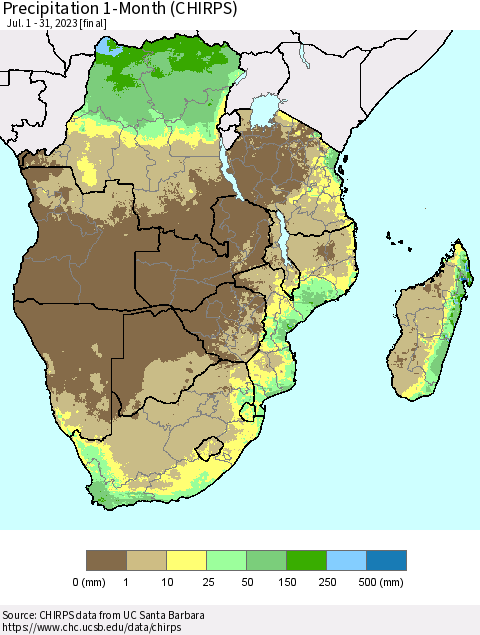 Southern Africa Precipitation 1-Month (CHIRPS) Thematic Map For 7/1/2023 - 7/31/2023