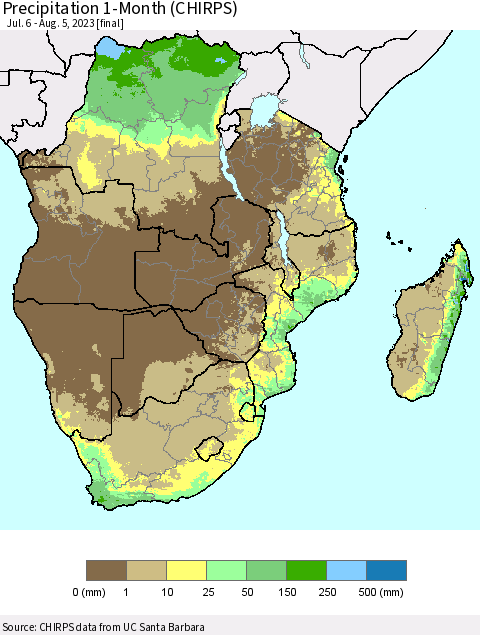 Southern Africa Precipitation 1-Month (CHIRPS) Thematic Map For 7/6/2023 - 8/5/2023