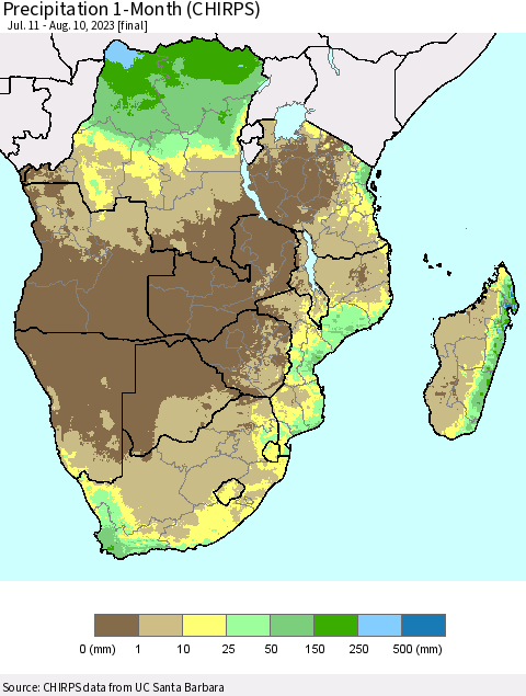 Southern Africa Precipitation 1-Month (CHIRPS) Thematic Map For 7/11/2023 - 8/10/2023